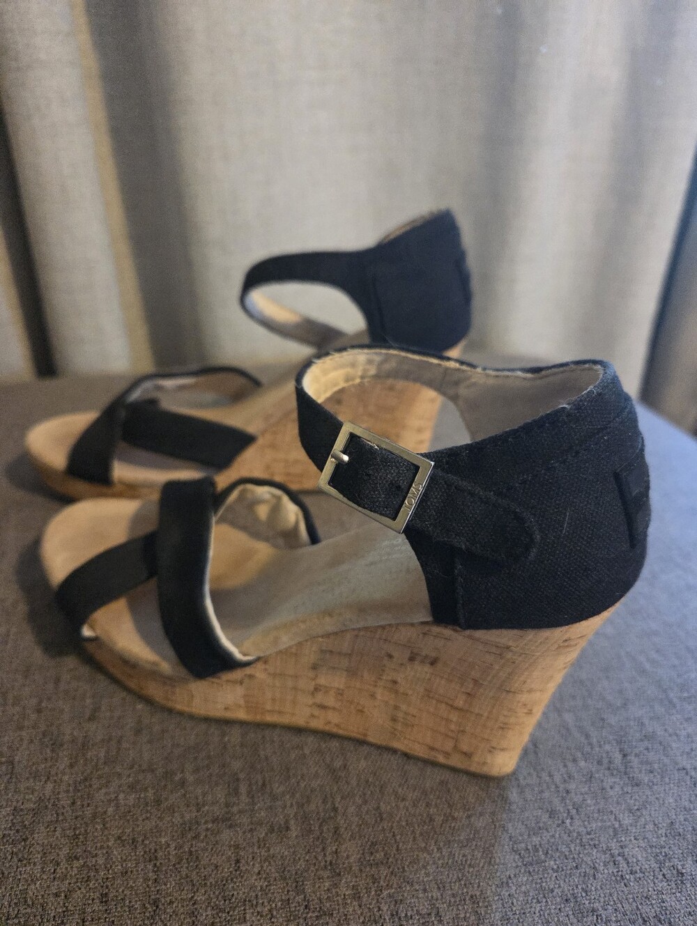 TOMS "Sierra" Black Canvas Ankle Strap Wedge Cork Heel Sandals-SZ 7.5-Near Mint